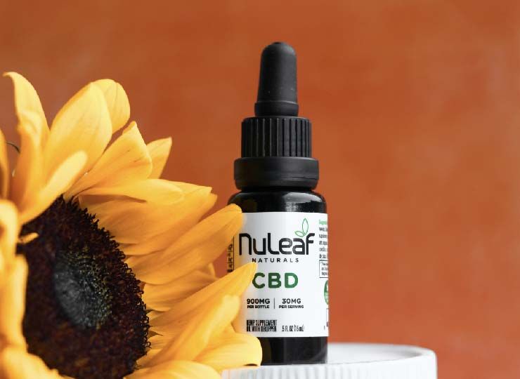 bottle of cbd oil next to a sunflower